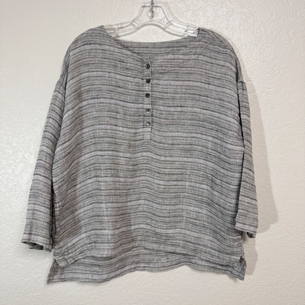 Pure Jill Linen Top Women SP Gray Stripe Henley 3/4 Sleeve Pockets Lagenlook